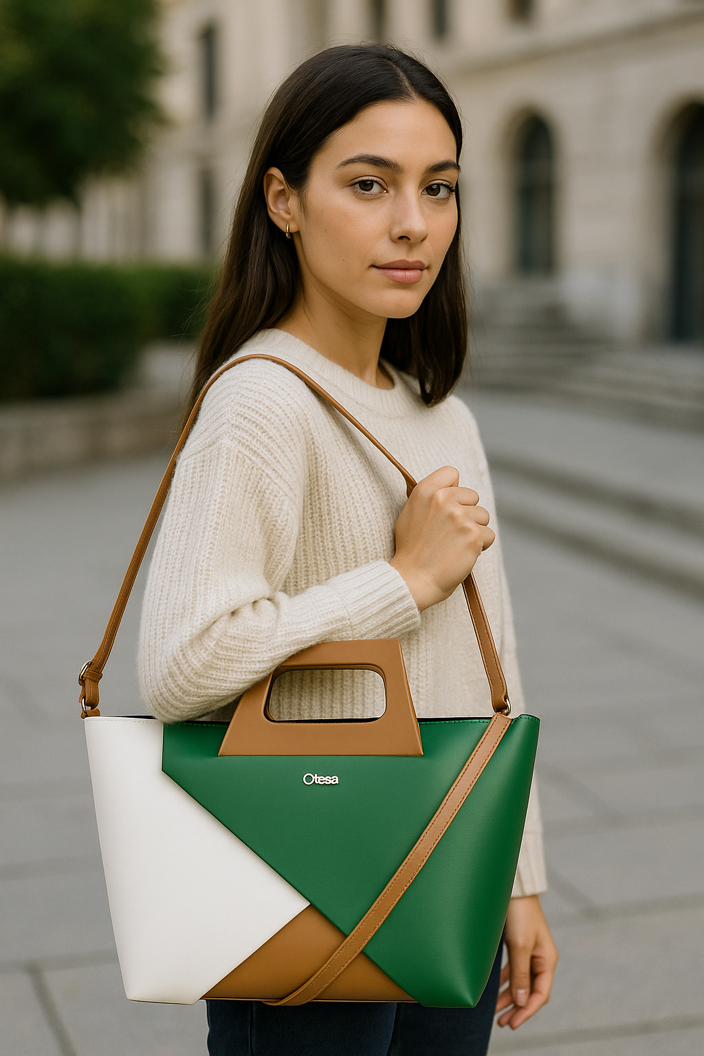 Trapezoid Handbag Trikampis Leather Green